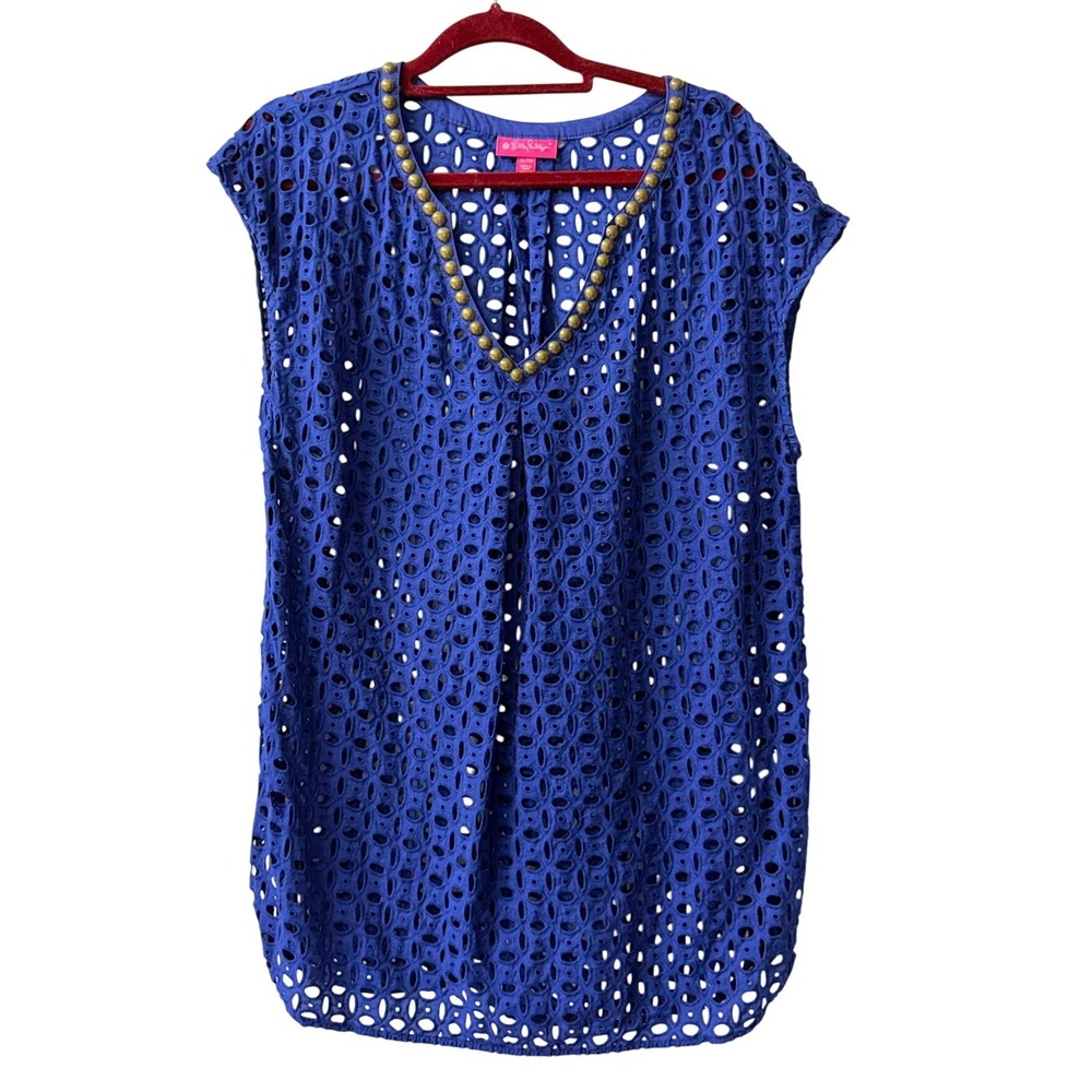 Lilly Pulitzer Tunic Top Women XL Blue Eyelet Studded V-Neck Sleeveless Cotton
